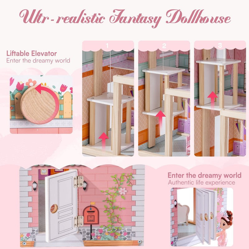Wooden Dollhouse with 20Pcs Furniture 3 Storey Preschool Toy Dollhouse for Kids 6