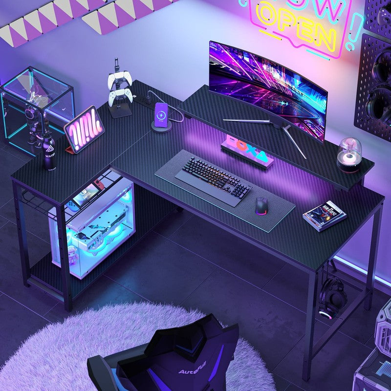 52" L-Shaped Gaming Desk LED with Power Outlet & Monitor Stand Carbon Fiber4