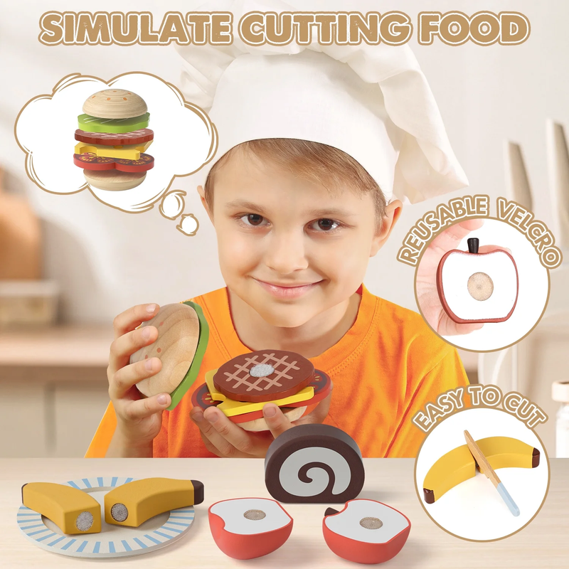 Wooden Play Food Sets for Kids Kitchen, Food Toys for Toddlers 3 5, Pretend Picn4