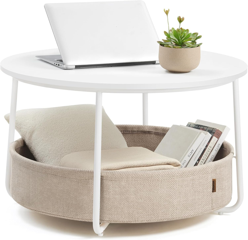 Round Coffee Table with Storage Basket, Metal Frame, Matte White & Camel Brown6