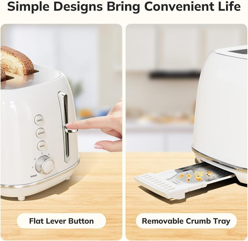 Retro 2 Slice Toaster White - Wide Slot, 6 Browning, Reheat, Defrost, Bagel4