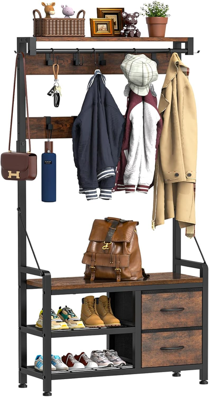 Hall Tree Entryway Bench with Coat Rack & Storage 5-in-1 Rustic Brown 31.5"10
