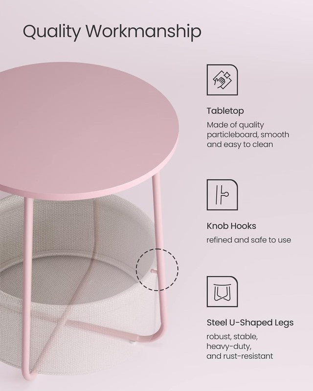 Small Round Side Table Nightstand with Fabric Basket Jelly Pink Cream White4