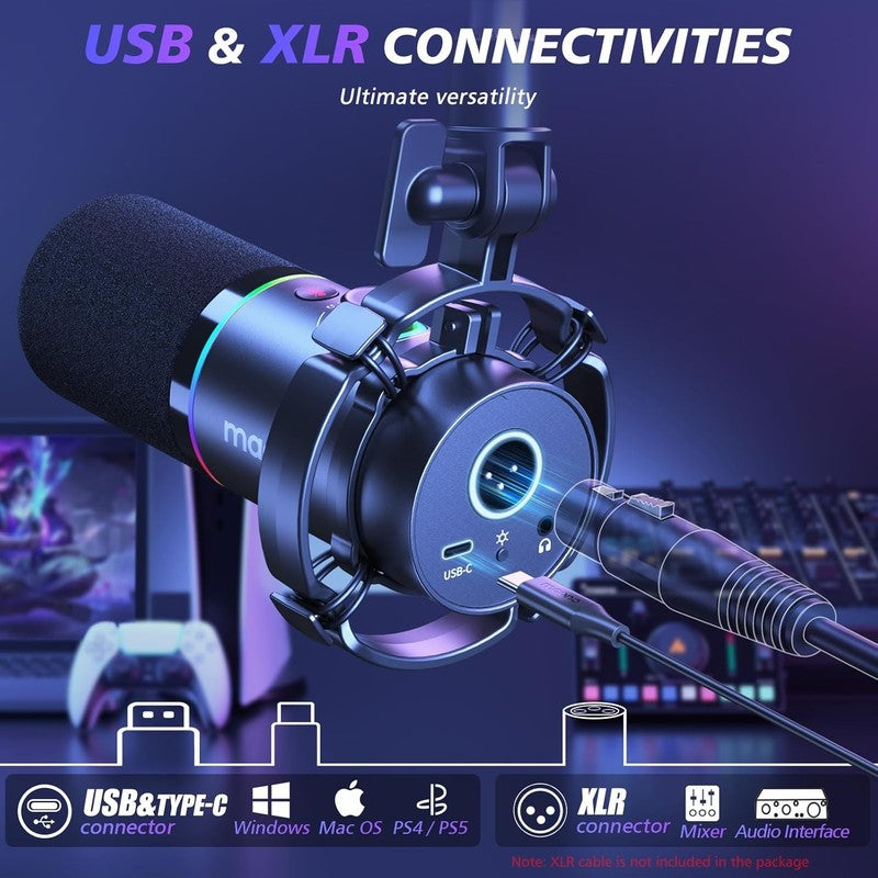 Dynamic RGB Microphone Kit XLR/USB with Boom Arm Mute Gain Control Black1