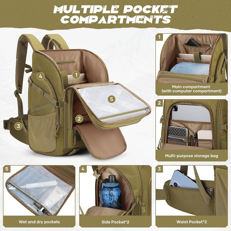 Tactical Backpack 40L Men Water Resistant Hiking Camping Gym Molle Khaki2