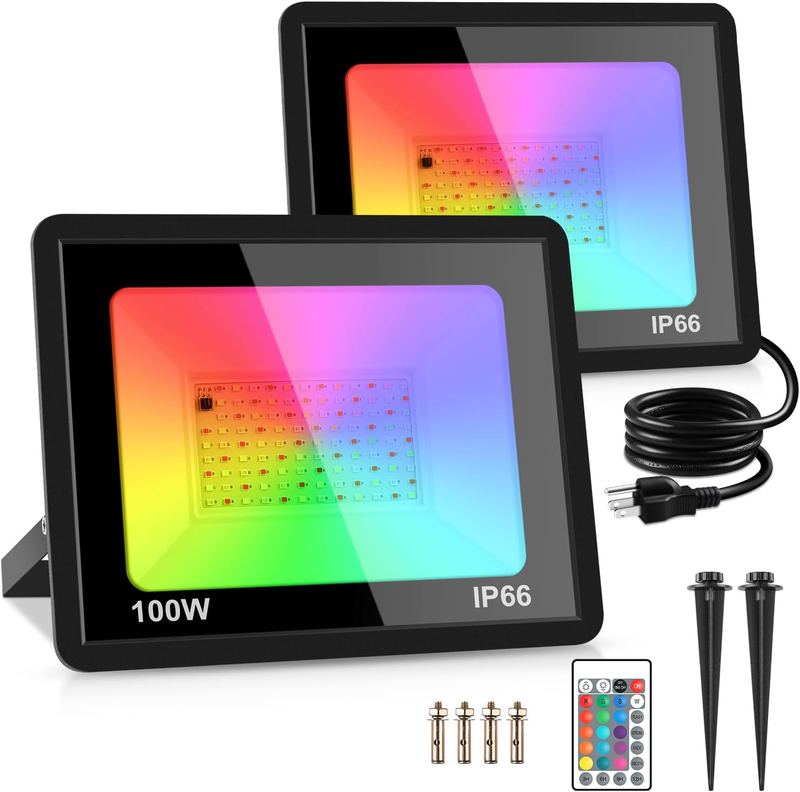 2 Pack 100W RGB LED Flood Lights, 12000LM Color Changing Smart Floodlight with R7