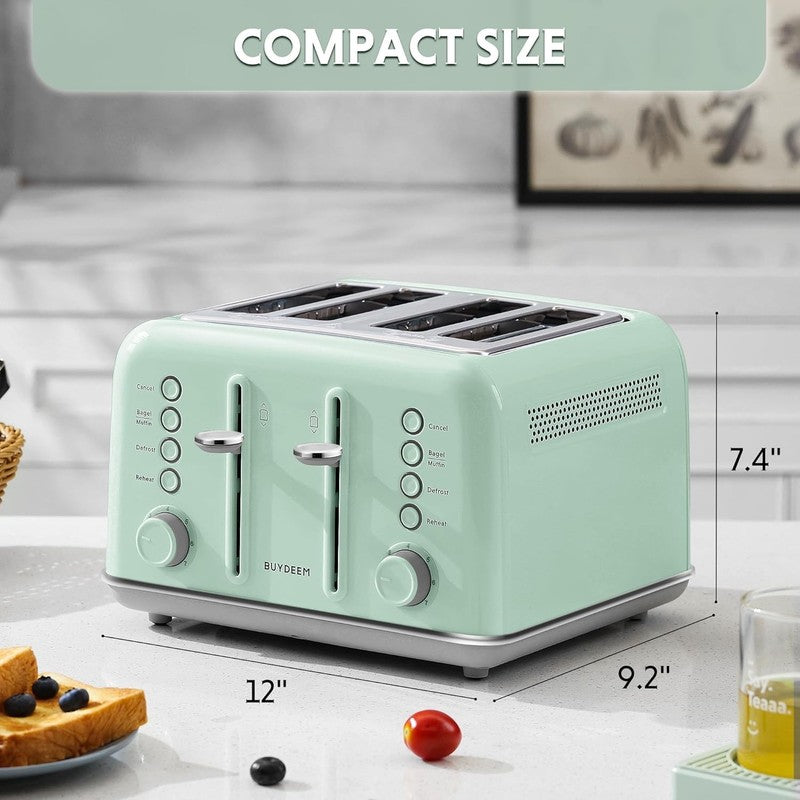 Retro 4 Slice Toaster 1800W Extra Wide Slots 7 Shade Bagel Stainless Green5
