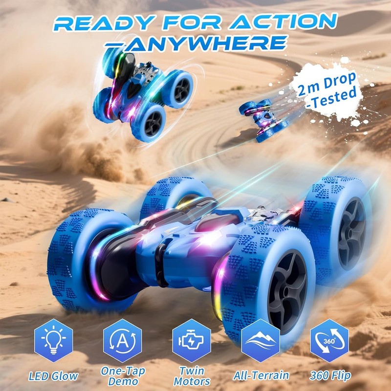 Remote Control Stunt Car 4WD 360° Flip Double‑Sided RC Cars, LED Light Bar, USB‑3