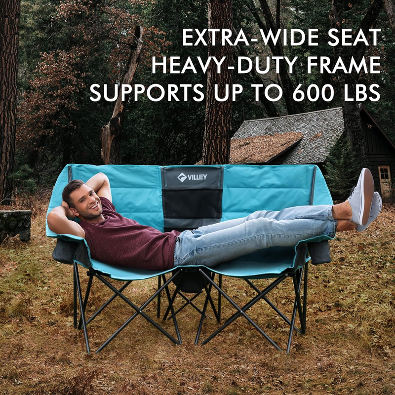 Extra Wide Double Camping Chair w/ Cooler Bag Loveseat Folding 600lb4
