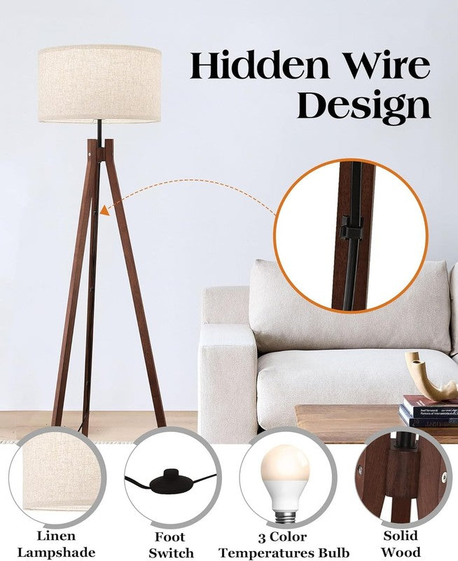 Wood Tripod Floor Lamp Mid Century Reading Lamp Linen Shade LED 9W 3 Color6