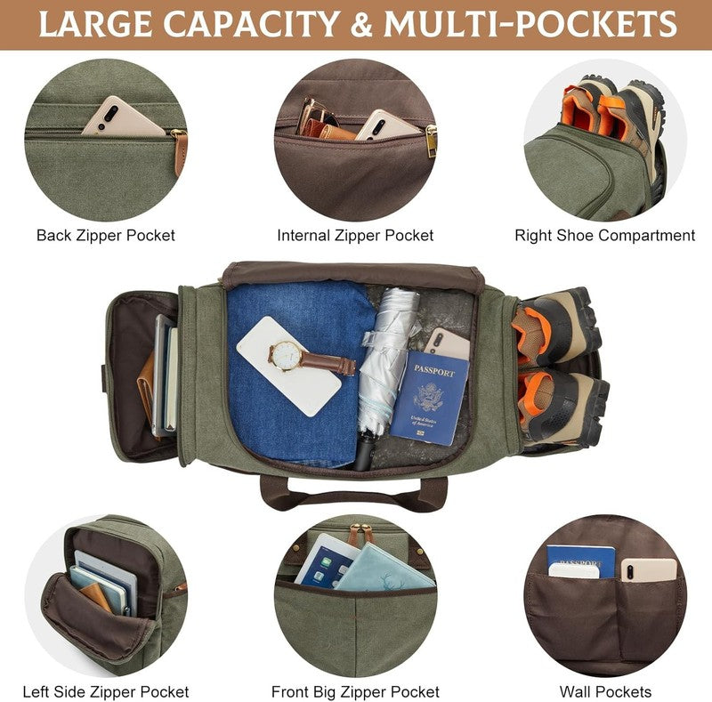 45L Canvas Duffle Bag Travel Weekender Overnight w/ Shoes Compartment Men2