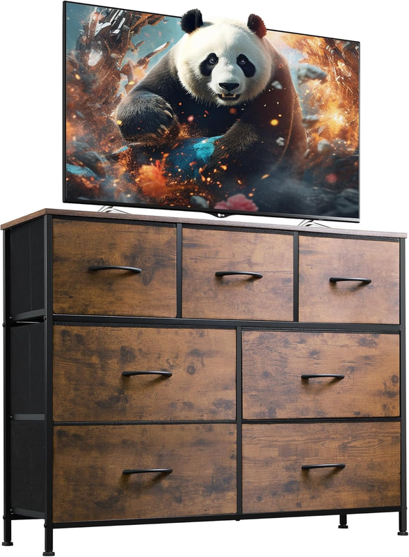 7 Drawer TV Stand Dresser Rustic Brown Wood Grain Metal Frame Storage Chest0