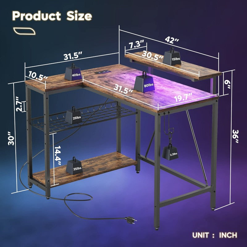 42" L-Shaped Computer Desk LED with Power Outlets & Monitor Stand Rustic4