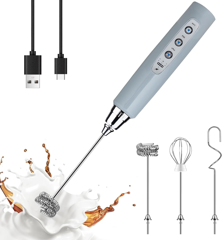 Milk Frother Handheld Cement Gray Rechargeable 3 Speed 3 Heads Whisk9