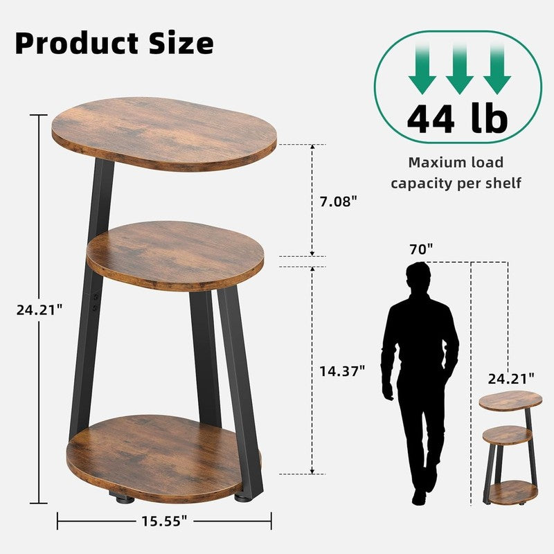 3-Tier Round Side Table Metal Frame Bedside End Table Brown1