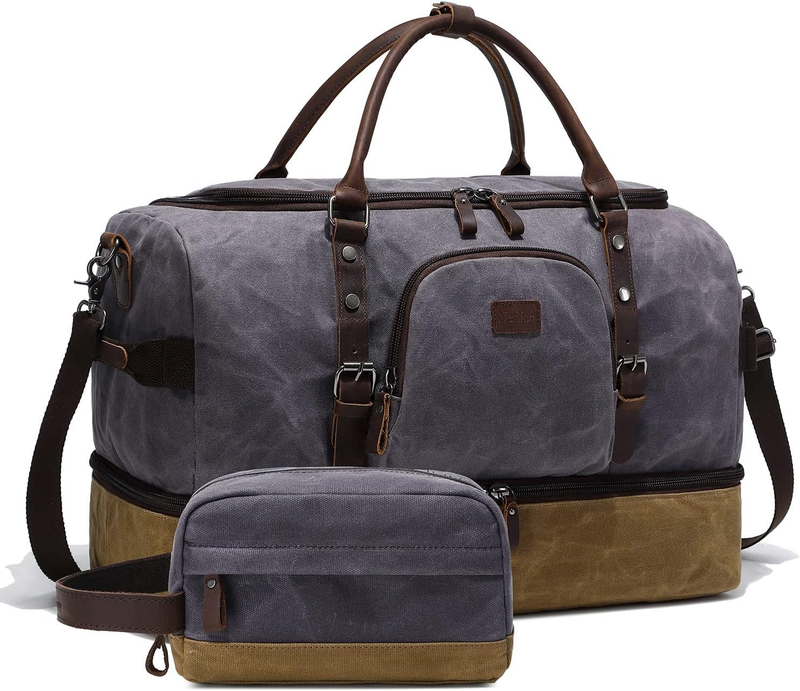 Nerlion Weekender Duffle Bag Gray Canvas Leather Carry On w/ Shoe Compartment0