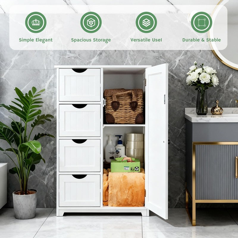 Wooden Bathroom Floor Storage Cabinet with 4 Drawers Cupboard and Shelves1