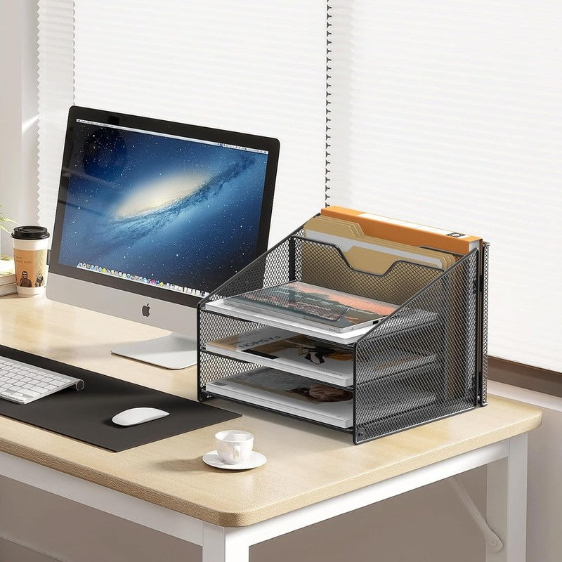 Desk File Organizer, Mesh Letter File Folder Holder with 3 Paper Trays and 2 Ver2