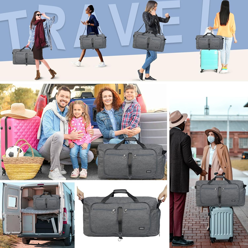 65L Travel Duffel Bag Foldable w/ Shoe Compartment Water Resistant Gray1