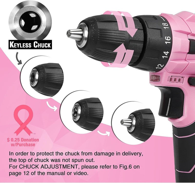 12V Cordless Drill Driver Kit 61Pc Tool Set 1.5Ah Battery Charger Pink Bag7