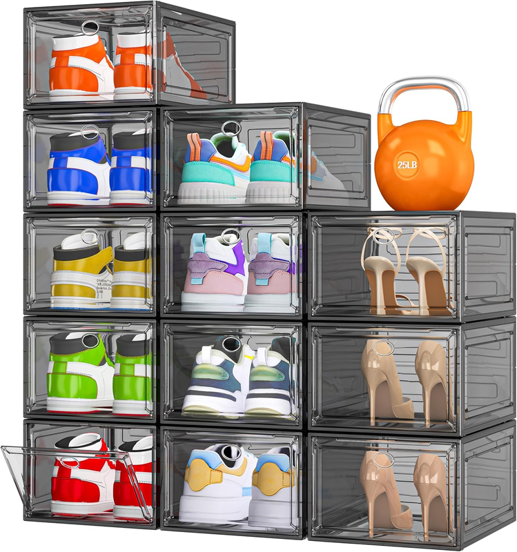 12 Pack Clear Stackable Shoe Boxes with Magnetic Door, Foldable, Black0