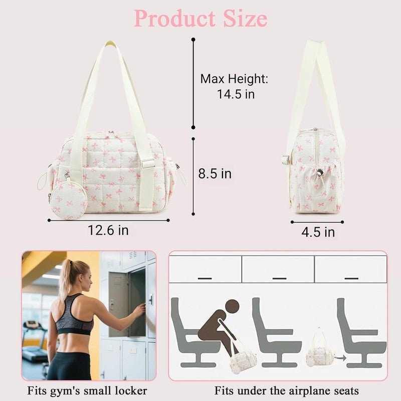Mini Gym Bag Women Quilted Duffel Wet Compartment Coin Purse Beige Pink Bow2