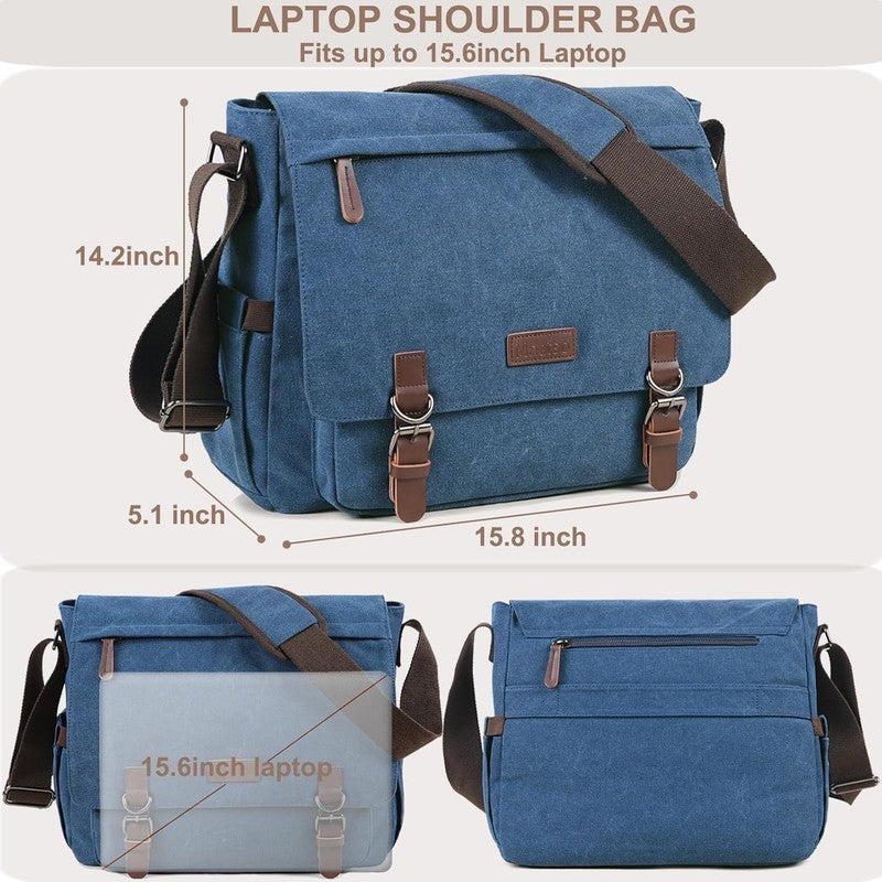 Canvas Messenger Bag 15.6" Laptop Travel Satchel Shoulder Bag Blue Unisex1