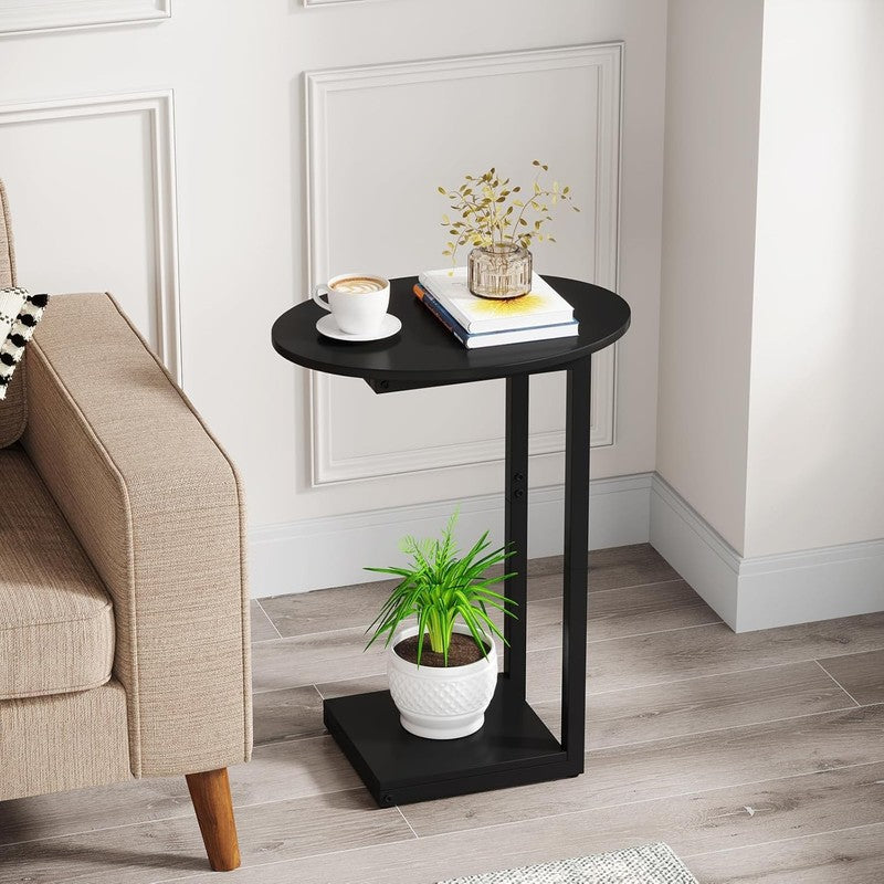 Small C Shaped Side End Table Wood TV Tray Couch Table Black1