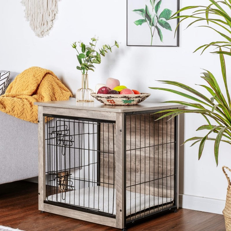 Dog Crate Furniture Table w/Cushion Wooden Kennel Double Door 27.2" Greige2