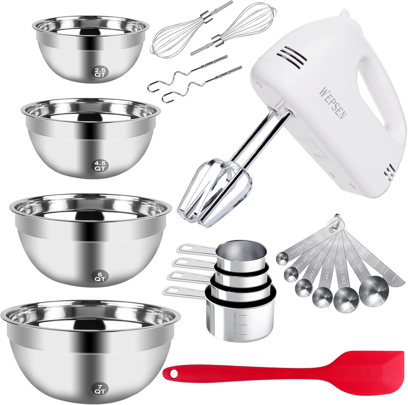 5-Speed Electric Hand Mixer, 4 Large Mixing Bowls Set, Handheld Mixers with Whis9