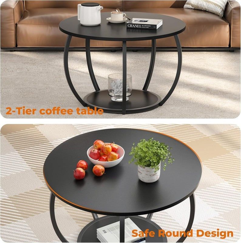 Round 2 Tier Coffee Table with Storage 27.6" Adjustable Feet, Black4