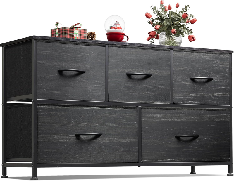 5 Drawer Fabric Dresser Chest Storage Organizer Wood Grain Charcoal Black11