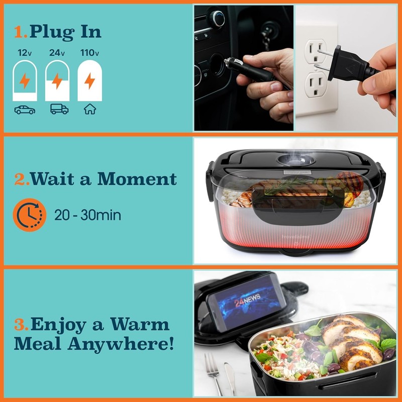 Electric Lunch Box 80W 1.5L Heated Food Warmer 12/24/110V Portable for Work2