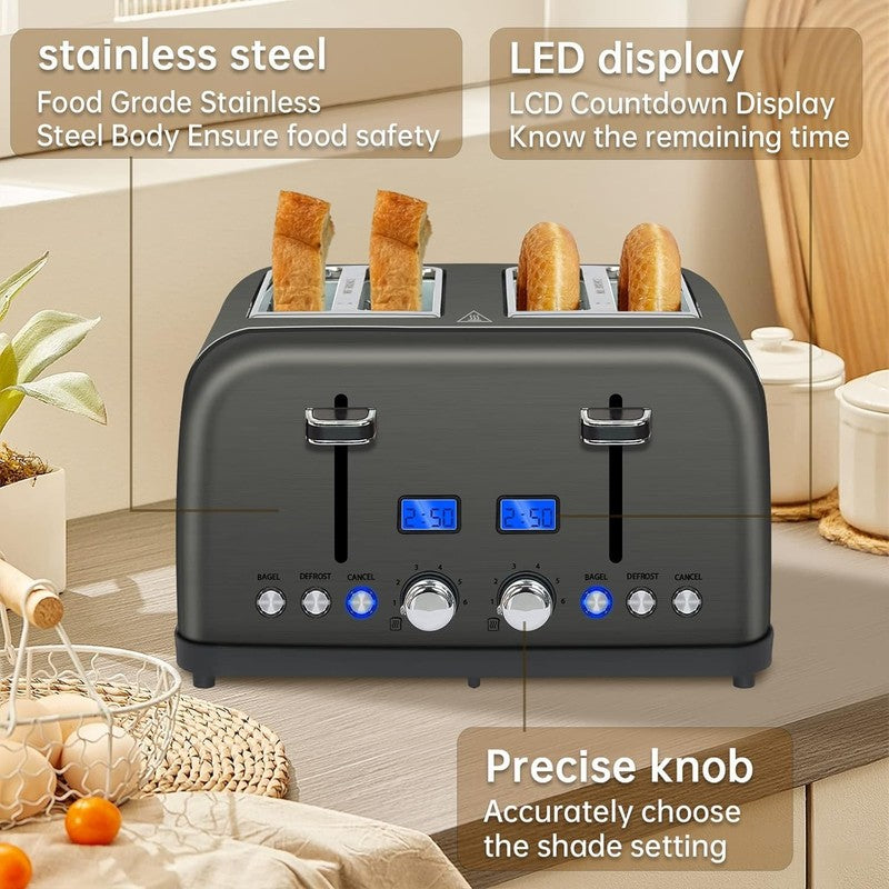 4 Slice Stainless Steel Toaster Dark Metallic - LCD, 6 Shades, Bagel, Defrost3