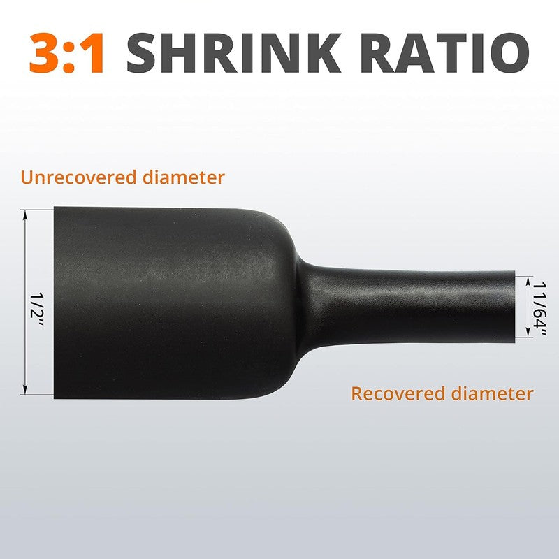 Adhesive Lined Heat Shrink Tubing 1/2" - 50ft Black, 3:1 Ratio, Durable1