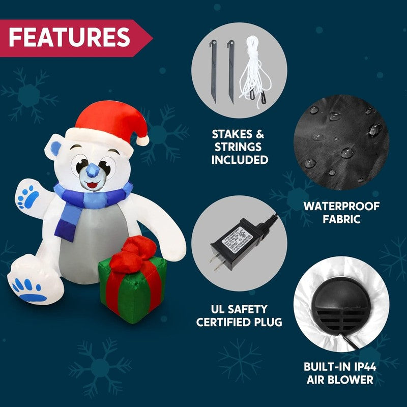 4 Ft Christmas Inflatable Polar Bear with Gift Decoration, Blow up Polar Bear wi5