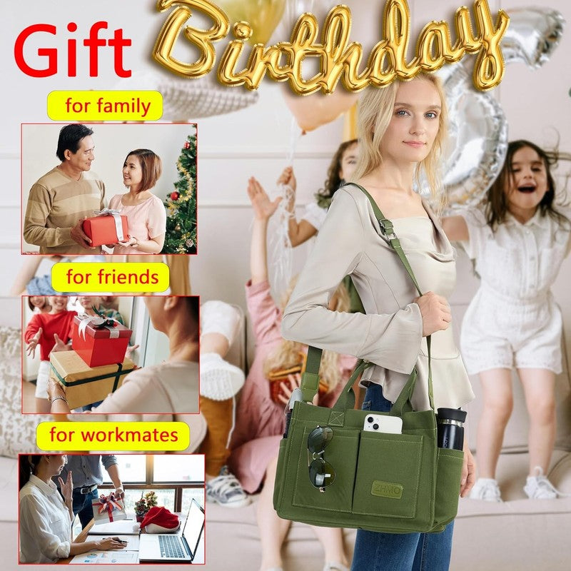 Women’s Large Canvas Tote Bag w/ Compartments Shoulder Crossbody Work Laptop6