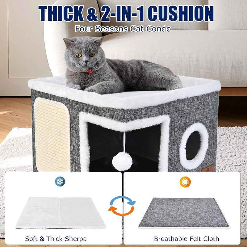 Cat Cave Bed for Indoor Cats – Foldable Cat House with Scratch Pad Grey5