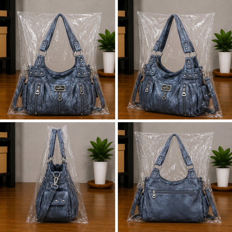 Women's Large Washed Faux Leather Hobo Crossbody Tote Bag0