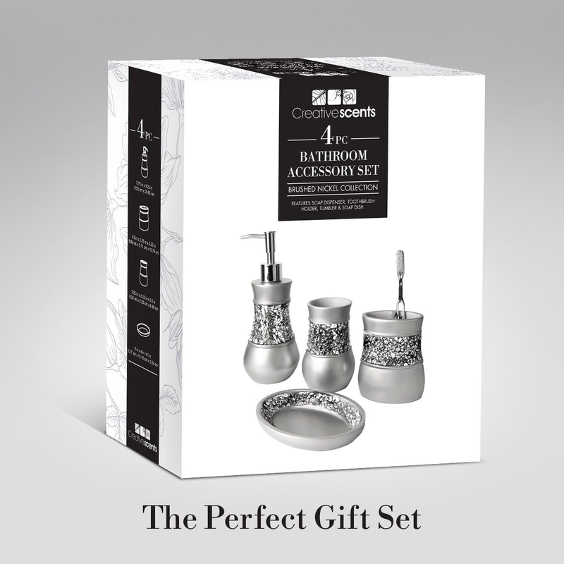 Elegant 4-Piece Crackled Glass Bathroom Accessory Set - Silver Finish5