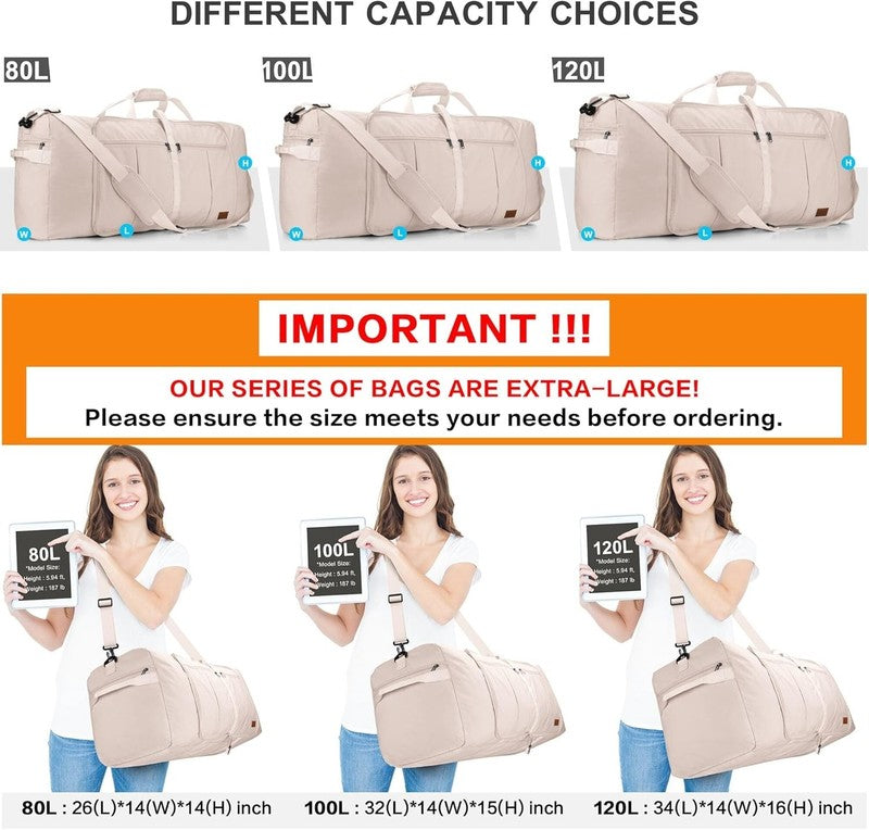120L Large Travel Duffel Bag Foldable w/ Shoe Compartment Beige2