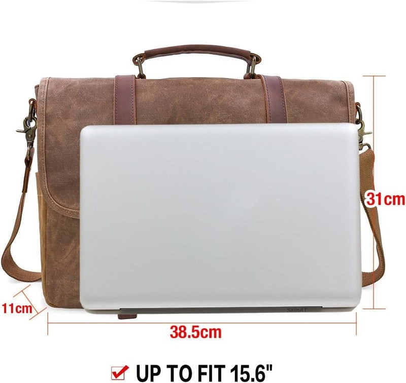 Mens Messenger Bag 15.6in Waterproof Leather Canvas Laptop Briefcase Brown6