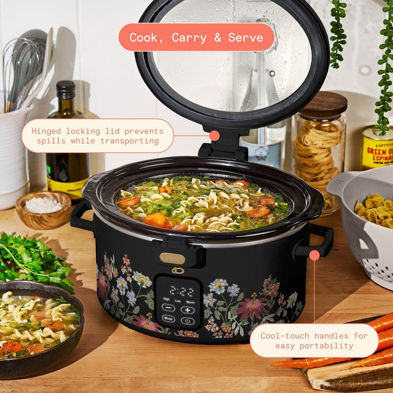 4 Qt Digital Slow Cooker with Hinged Locking Lid, Wildflower Black by Drew Barry2