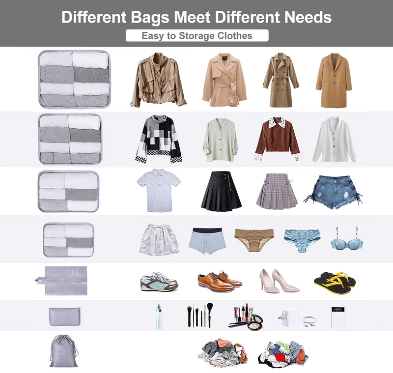 9 Piece Packing Cubes Set Travel Storage Organizer Toiletry Bag Gray5