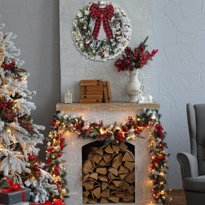 24" Pre-Lit Snowy Flocked Christmas Wreath 30 LED Red Berries Pinecones Bow2