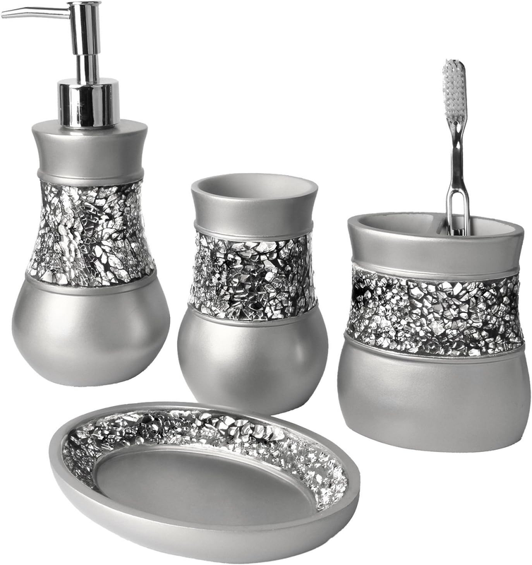 Elegant 4-Piece Crackled Glass Bathroom Accessory Set - Silver Finish7