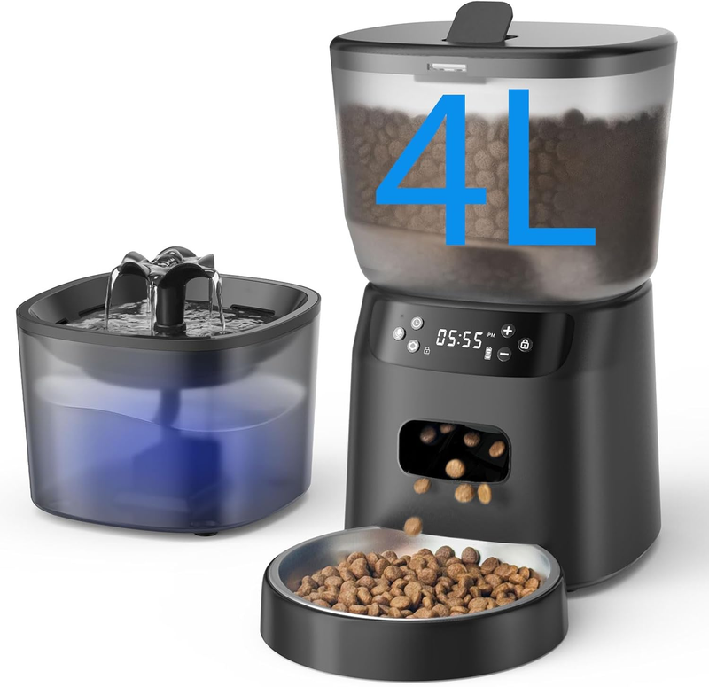 Automatic Cat Feeder and Water Fountain, 4L Pet Food Dispenser with 2L Filter0