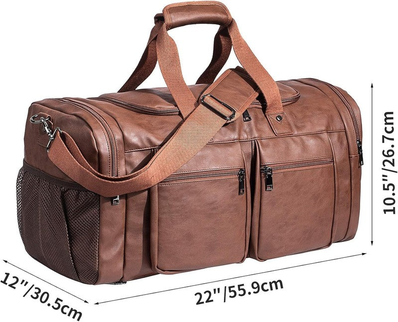 Leather Travel Duffel Bag Waterproof Weekender Overnight Carry On Shoe Brown3