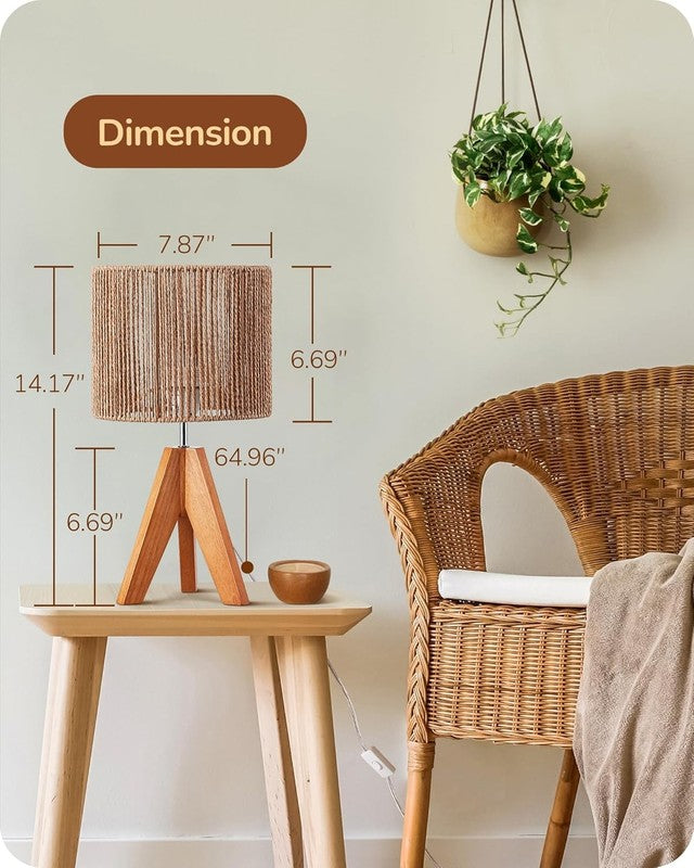 Small Rattan Table Lamp Wood Tripod Bedside Boho Nightstand Lamp E264