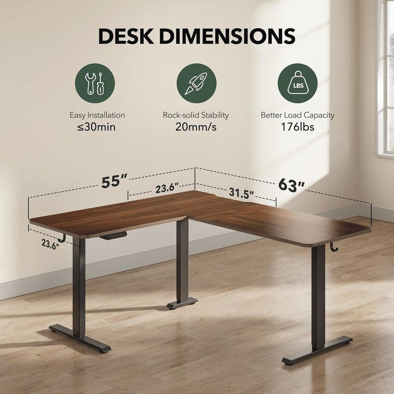 Reversible L-Shaped 63x55 Electric Standing Desk Height Adjustable Walnut1